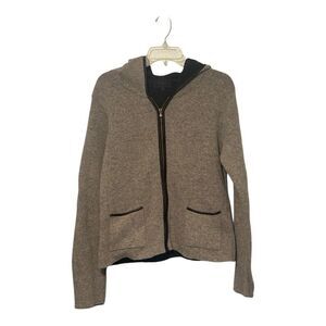 Marv Italy Wool Blend Gray Black Full Zip Women Sweater Cardigan Hooded Pockets